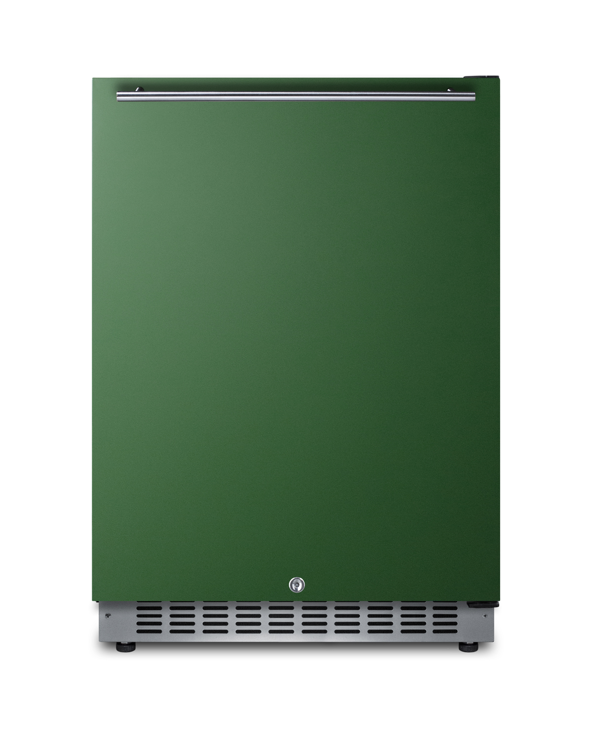 24 in. wide built-in undercounter ADA compliant all-refrigerator with emerald green door, stainless steel handle and kickplate, and black cabinet